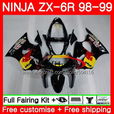 Body For KAWASAKI NINJA ZX-6R 6 R 98 99 glossy black ZX-636 ZX600 78SH10 600CC ZX636 ZX6R 98 99 ZX 636 ZX 6R 1998 1999 Fairings